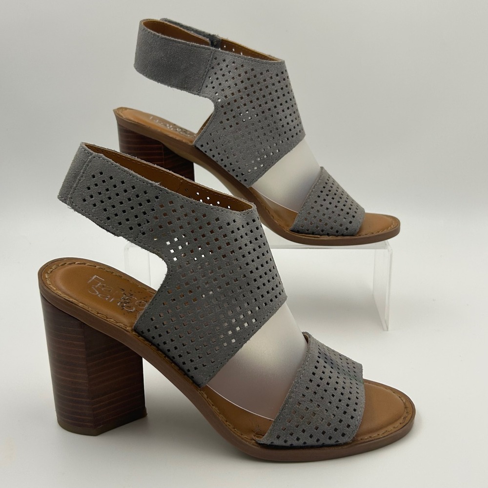 Franco Sarto Delores Sandals Women 8.5M Grey Leather Perforated Block Heel Chic